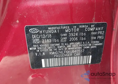 2019 Hyundai Elantra Se из США, поврежденный, VIN KMHD74LF6KU840537